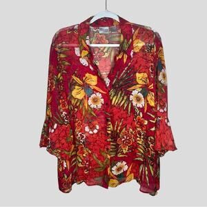 Chico's Silk Blouse Size 3 XL/16 Tropical Floral Button Up Collared Sheer Top